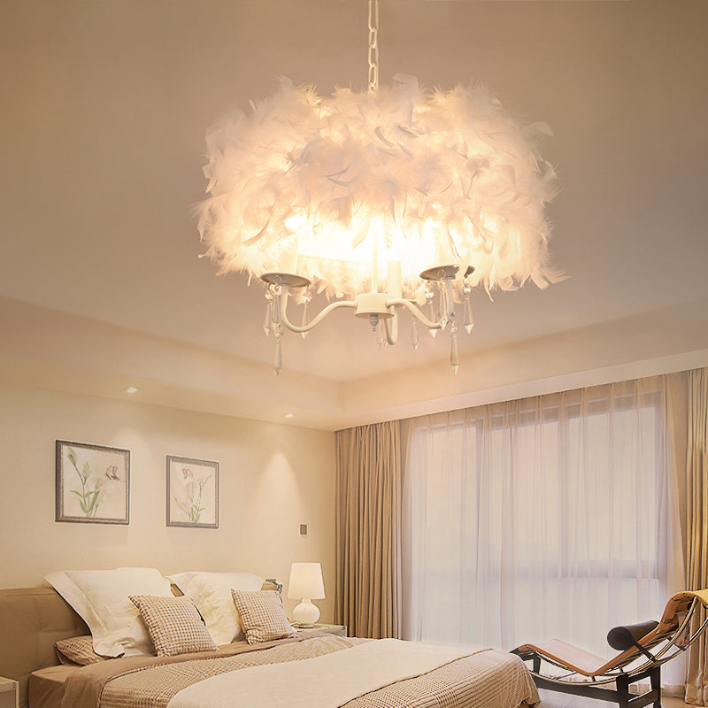 White/Chrome Candelabra Chandelier Modern 3/5 Lights Feather Hanging Light Fixture with Crystal Accent Clearhalo 'Ceiling Lights' 'Chandeliers' 'Modern Chandeliers' 'Modern' Lighting' 1986790
