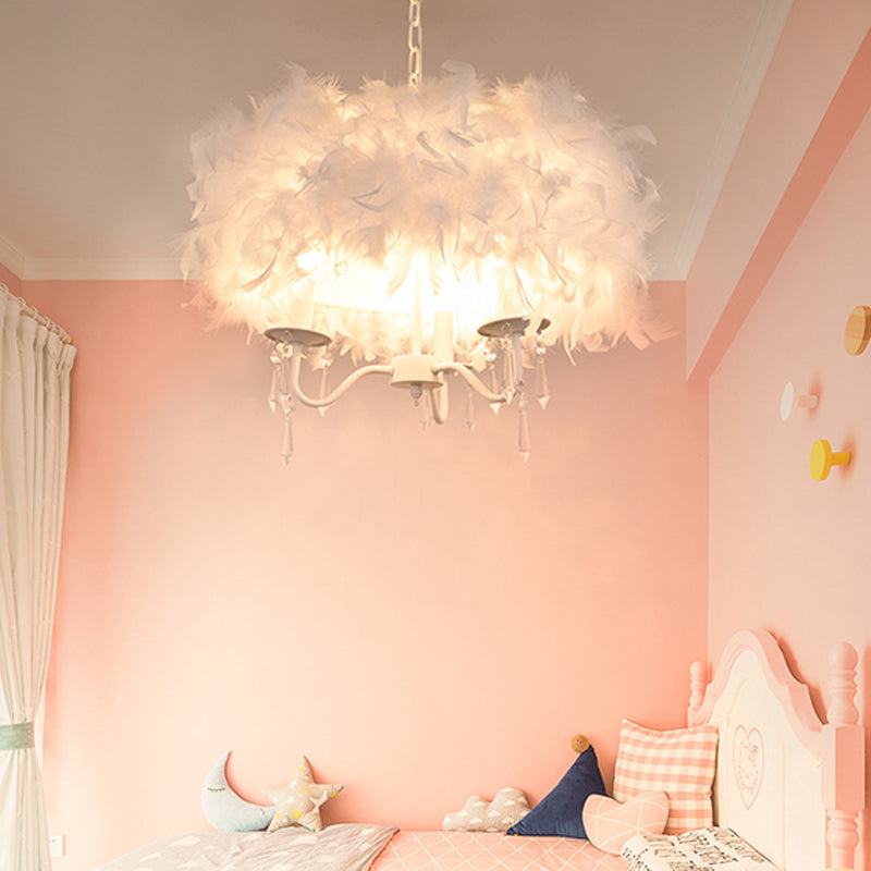 White/Chrome Candelabra Chandelier Modern 3/5 Lights Feather Hanging Light Fixture with Crystal Accent Clearhalo 'Ceiling Lights' 'Chandeliers' 'Modern Chandeliers' 'Modern' Lighting' 1986793