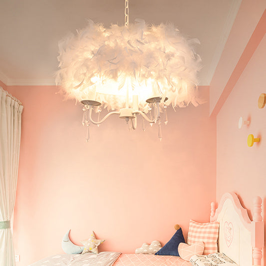 White/Chrome Candelabra Chandelier Modern 3/5 Lights Feather Hanging Light Fixture with Crystal Accent Clearhalo 'Ceiling Lights' 'Chandeliers' 'Modern Chandeliers' 'Modern' Lighting' 1986793