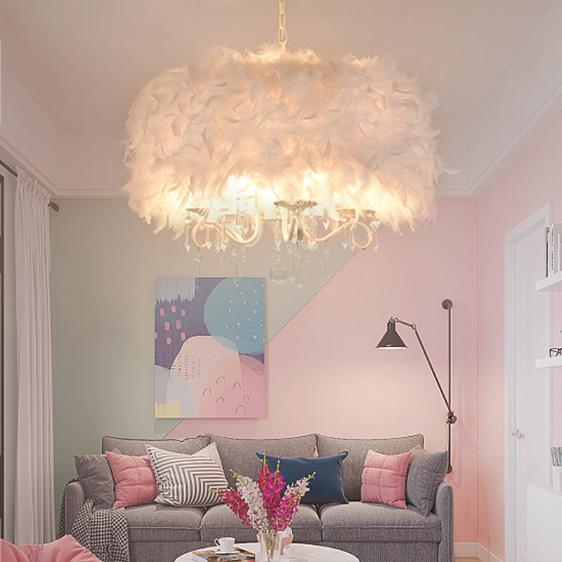 White/Chrome Candelabra Chandelier Modern 3/5 Lights Feather Hanging Light Fixture with Crystal Accent Clearhalo 'Ceiling Lights' 'Chandeliers' 'Modern Chandeliers' 'Modern' Lighting' 1986800