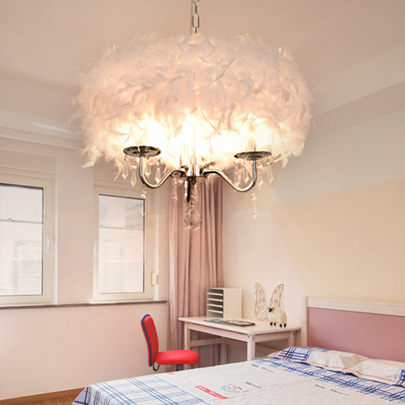 White/Chrome Candelabra Chandelier Modern 3/5 Lights Feather Hanging Light Fixture with Crystal Accent 3 Chrome Clearhalo 'Ceiling Lights' 'Chandeliers' 'Modern Chandeliers' 'Modern' Lighting' 1986803
