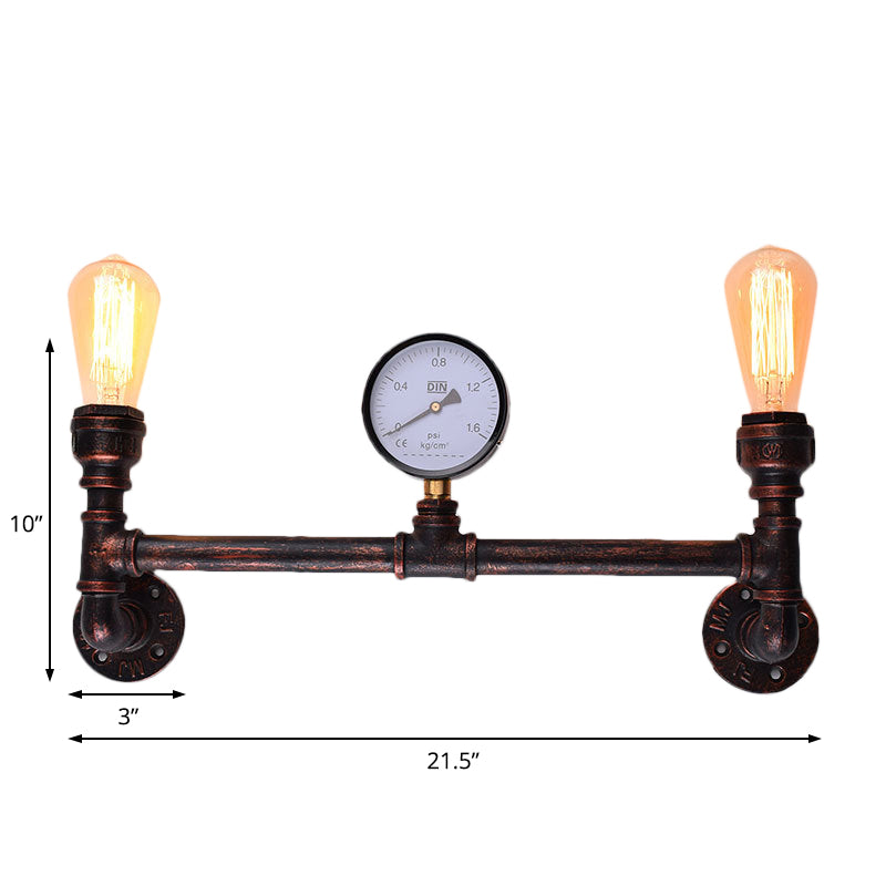 2-Light Pressure Gauge Wall Mounted Pipe Light Industrial Weathered Copper Metal Sconce for Indoor, 20.5"/21.5" Wide Clearhalo 'Art deco wall lights' 'Cast Iron' 'Glass' 'Industrial wall lights' 'Industrial' 'Middle century wall lights' 'Modern' 'Rustic wall lights' 'Tiffany' 'Traditional wall lights' 'Wall Lamps & Sconces' 'Wall Lights' Lighting' 199136