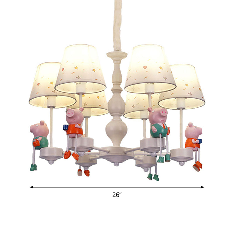Cartoon White Hanging Lamp with Tapered Shade 6 Lights Fabric Hanging Chandelier for Kid Bedroom Clearhalo 'Ceiling Lights' 'Chandeliers' Lighting' options 199393