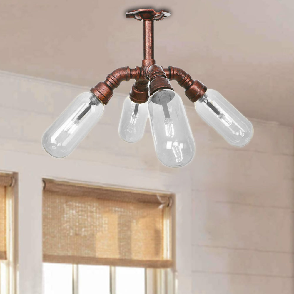 Antique Copper Sputnik Semi Flush Light Vintage Clear Glass 4/6 Light Dining Room Ceiling Lighting Fixture with Pipe Design Weathered Copper D Clearhalo 'Ceiling Lights' 'Close To Ceiling Lights' 'Close to ceiling' 'Semi-flushmount' Lighting' 199566