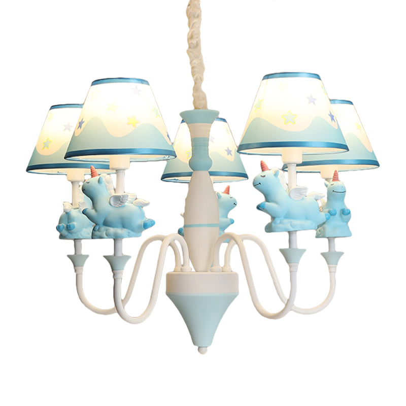 Bedroom Tapered Shade Hanging Lights Metal 5 Lights Cartoon Unicorn Chandelier in Blue/Gold/Pink Clearhalo 'Ceiling Lights' 'Chandeliers' Lighting' options 199591