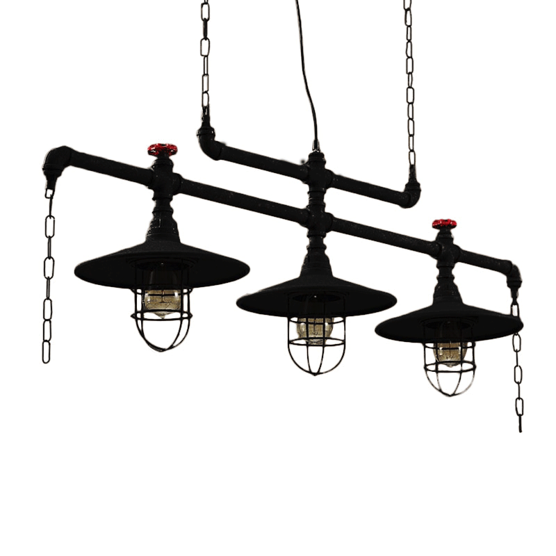 2/3 Heads Saucer Island Lighting Steampunk Black Iron Hanging Light Fixture with Cage and Chain Deco Clearhalo 'Ceiling Lights' 'Island Lights' Lighting' 1_29cd1db9-bce0-4611-8c49-cefe303b4669