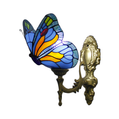 Butterfly Sconce Wall Light Rustic Stained Glass 1-Light Sconce Light Fixtures in Blue/Red for Foyer Clearhalo 'Cast Iron' 'Glass' 'Industrial' 'Middle century wall lights' 'Modern' 'Tiffany wall lights' 'Tiffany' 'Traditional wall lights' 'Wall Lamps & Sconces' 'Wall Lights' Lighting' 20002