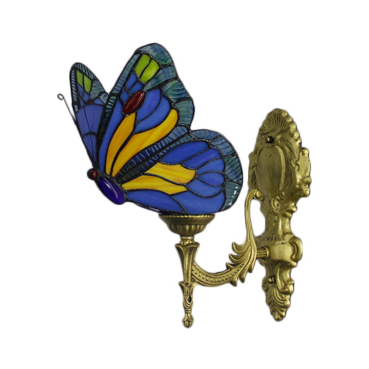 Butterfly Sconce Wall Light Rustic Stained Glass 1-Light Sconce Light Fixtures in Blue/Red for Foyer Clearhalo 'Cast Iron' 'Glass' 'Industrial' 'Middle century wall lights' 'Modern' 'Tiffany wall lights' 'Tiffany' 'Traditional wall lights' 'Wall Lamps & Sconces' 'Wall Lights' Lighting' 20003
