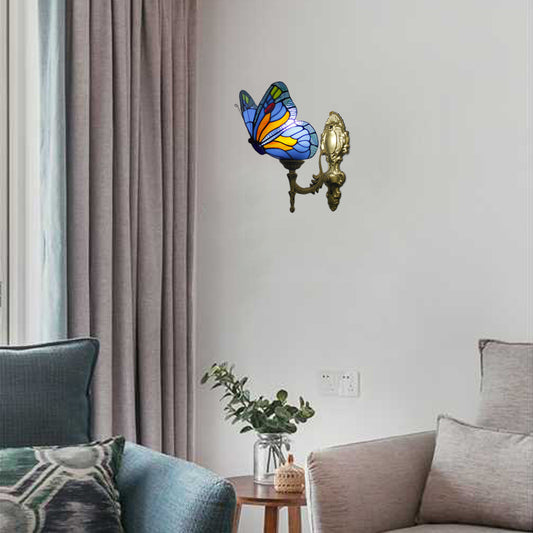 Butterfly Sconce Wall Light Rustic Stained Glass 1-Light Sconce Light Fixtures in Blue/Red for Foyer Blue Clearhalo 'Cast Iron' 'Glass' 'Industrial' 'Middle century wall lights' 'Modern' 'Tiffany wall lights' 'Tiffany' 'Traditional wall lights' 'Wall Lamps & Sconces' 'Wall Lights' Lighting' 20004