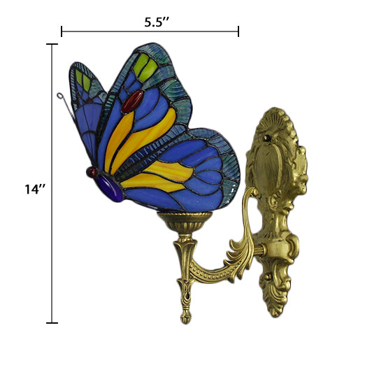 Butterfly Sconce Wall Light Rustic Stained Glass 1-Light Sconce Light Fixtures in Blue/Red for Foyer Clearhalo 'Cast Iron' 'Glass' 'Industrial' 'Middle century wall lights' 'Modern' 'Tiffany wall lights' 'Tiffany' 'Traditional wall lights' 'Wall Lamps & Sconces' 'Wall Lights' Lighting' 20005