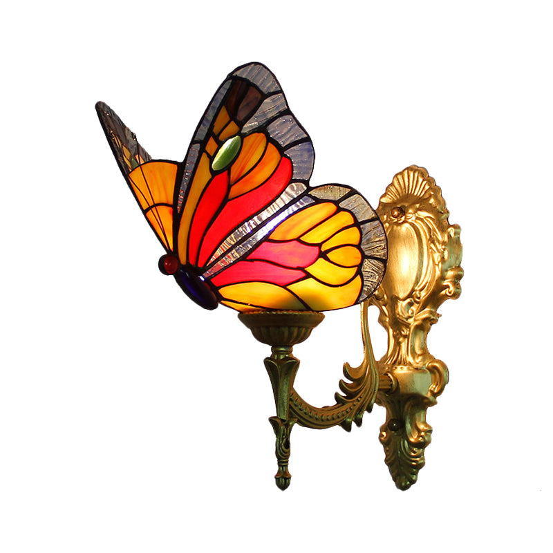 Butterfly Sconce Wall Light Rustic Stained Glass 1-Light Sconce Light Fixtures in Blue/Red for Foyer Clearhalo 'Cast Iron' 'Glass' 'Industrial' 'Middle century wall lights' 'Modern' 'Tiffany wall lights' 'Tiffany' 'Traditional wall lights' 'Wall Lamps & Sconces' 'Wall Lights' Lighting' 20006