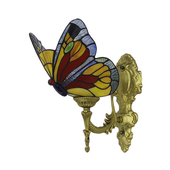 Butterfly Sconce Wall Light Rustic Stained Glass 1-Light Sconce Light Fixtures in Blue/Red for Foyer Clearhalo 'Cast Iron' 'Glass' 'Industrial' 'Middle century wall lights' 'Modern' 'Tiffany wall lights' 'Tiffany' 'Traditional wall lights' 'Wall Lamps & Sconces' 'Wall Lights' Lighting' 20007