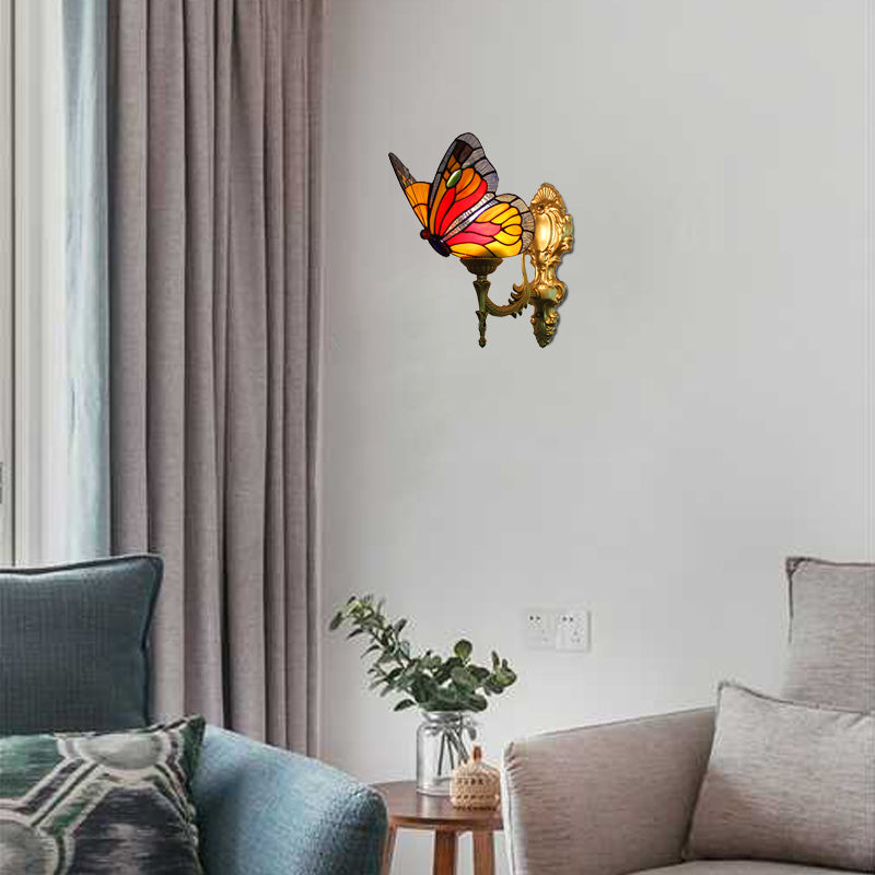 Butterfly Sconce Wall Light Rustic Stained Glass 1-Light Sconce Light Fixtures in Blue/Red for Foyer Red Clearhalo 'Cast Iron' 'Glass' 'Industrial' 'Middle century wall lights' 'Modern' 'Tiffany wall lights' 'Tiffany' 'Traditional wall lights' 'Wall Lamps & Sconces' 'Wall Lights' Lighting' 20008