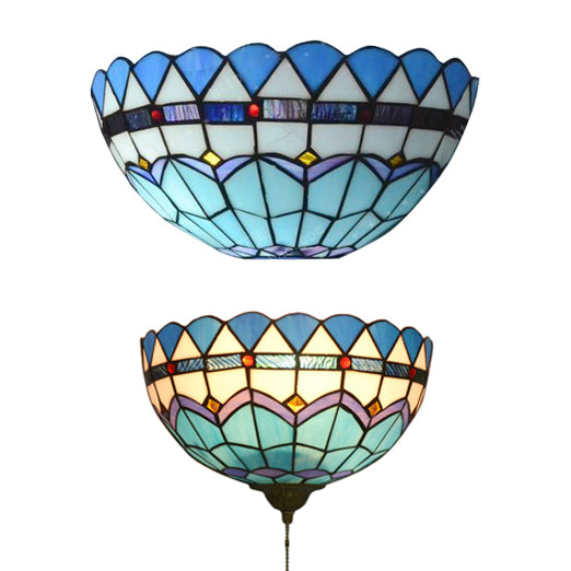 Baroque Bowl Wall Mount Light with/without Pull Chain Stained Glass 1 Light Wall Sconce Lighting in Blue Clearhalo 'Industrial' 'Middle century wall lights' 'Tiffany wall lights' 'Tiffany' 'Wall Lamps & Sconces' 'Wall Lights' Lighting' 20082