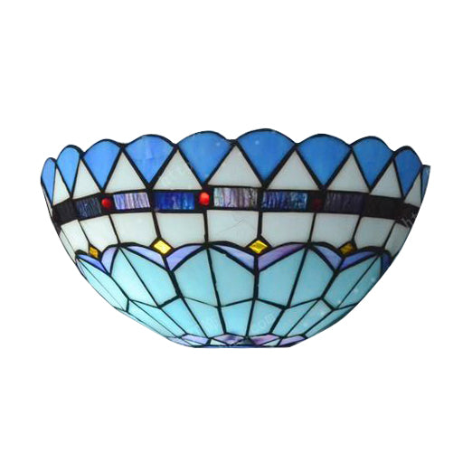 Baroque Bowl Wall Mount Light with/without Pull Chain Stained Glass 1 Light Wall Sconce Lighting in Blue Clearhalo 'Industrial' 'Middle century wall lights' 'Tiffany wall lights' 'Tiffany' 'Wall Lamps & Sconces' 'Wall Lights' Lighting' 20083