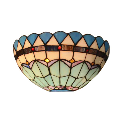 Baroque Bowl Wall Mount Light with/without Pull Chain Stained Glass 1 Light Wall Sconce Lighting in Blue Clearhalo 'Industrial' 'Middle century wall lights' 'Tiffany wall lights' 'Tiffany' 'Wall Lamps & Sconces' 'Wall Lights' Lighting' 20084