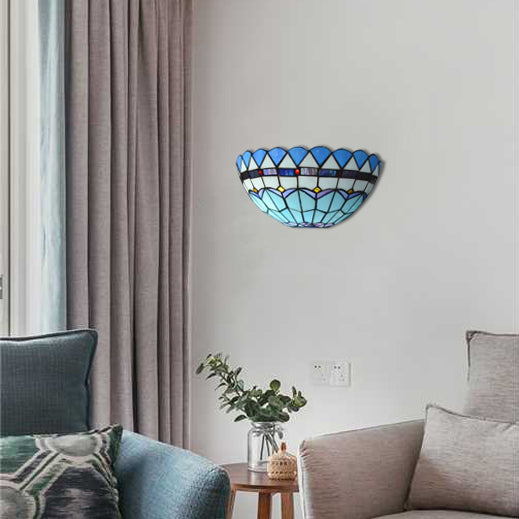 Baroque Bowl Wall Mount Light with/without Pull Chain Stained Glass 1 Light Wall Sconce Lighting in Blue Blue without Pull Chain Clearhalo 'Industrial' 'Middle century wall lights' 'Tiffany wall lights' 'Tiffany' 'Wall Lamps & Sconces' 'Wall Lights' Lighting' 20085