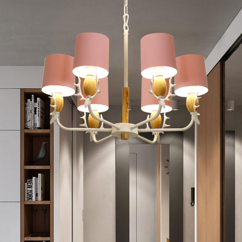 Scandinavian Deer Horn Hanging Lights Metal Wood Chandelier Light for Living Room 6 Pink Clearhalo 'Ceiling Lights' 'Chandeliers' Lighting' options 200877_ac48afb2-927d-4d25-920b-2ffa342a00c6