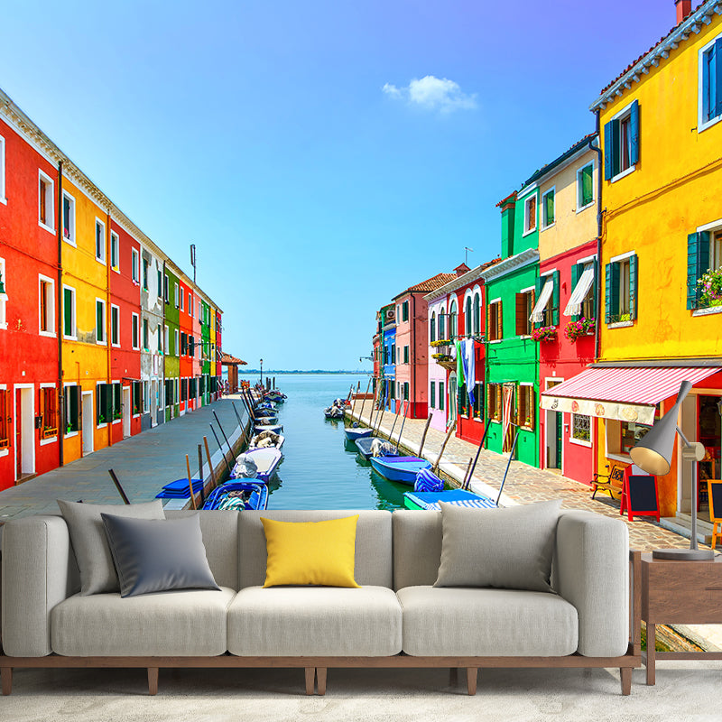 Boat on the Canal Mural Wallpaper Contemporary Water-Proof House Interior Wall Art, Made to Measure Yellow Clearhalo 'Wall Decor' 'Wall Mural' 2009038