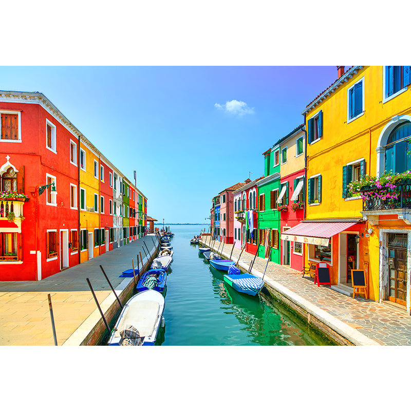 Boat on the Canal Mural Wallpaper Contemporary Water-Proof House Interior Wall Art, Made to Measure Clearhalo 'Wall Decor' 'Wall Mural' 2009041