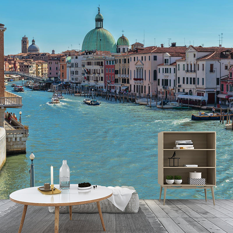 Boat on the Canal Mural Wallpaper Contemporary Water-Proof House Interior Wall Art, Made to Measure Light Blue Clearhalo 'Wall Decor' 'Wall Mural' 2009043