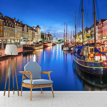 Boat on the Canal Mural Wallpaper Contemporary Water-Proof House Interior Wall Art, Made to Measure Dark Blue Clearhalo 'Wall Decor' 'Wall Mural' 2009048