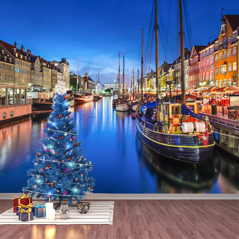 Boat on the Canal Mural Wallpaper Contemporary Water-Proof House Interior Wall Art, Made to Measure Clearhalo 'Wall Decor' 'Wall Mural' 2009050