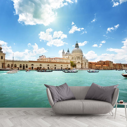 Mediterranean Water City Wall Mural Soft Color Stain-Proof Wall Art for Family Room Sky Blue Clearhalo 'Wall Decor' 'Wall Mural' 2009058