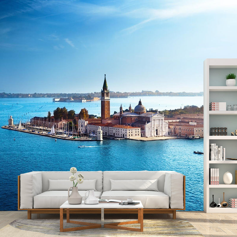Mediterranean Water City Wall Mural Soft Color Stain-Proof Wall Art for Family Room Blue Clearhalo 'Wall Decor' 'Wall Mural' 2009068