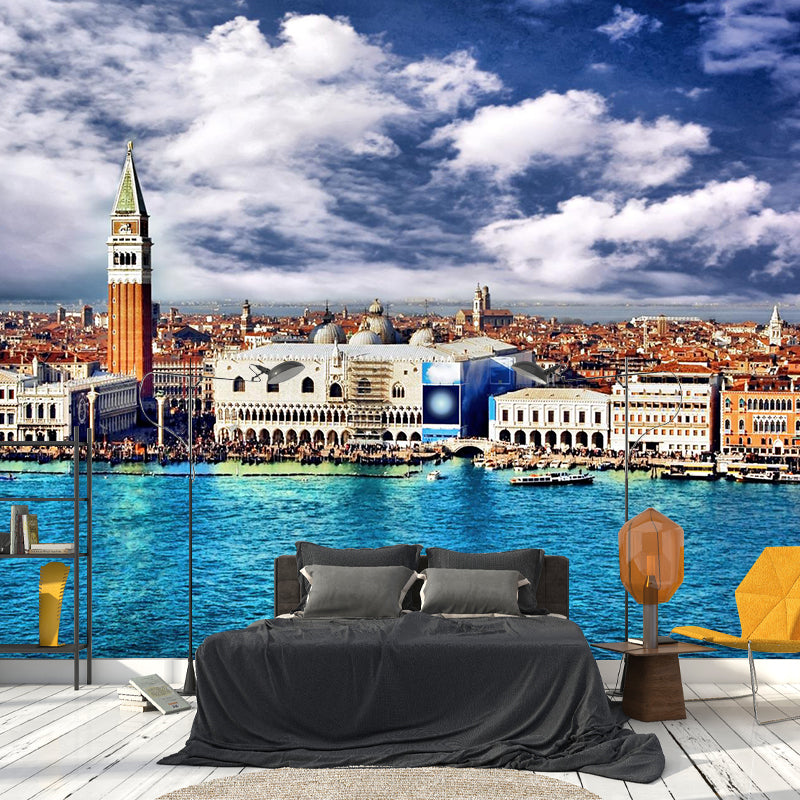 Mediterranean Water City Wall Mural Soft Color Stain-Proof Wall Art for Family Room Dark Blue Clearhalo 'Wall Decor' 'Wall Mural' 2009073