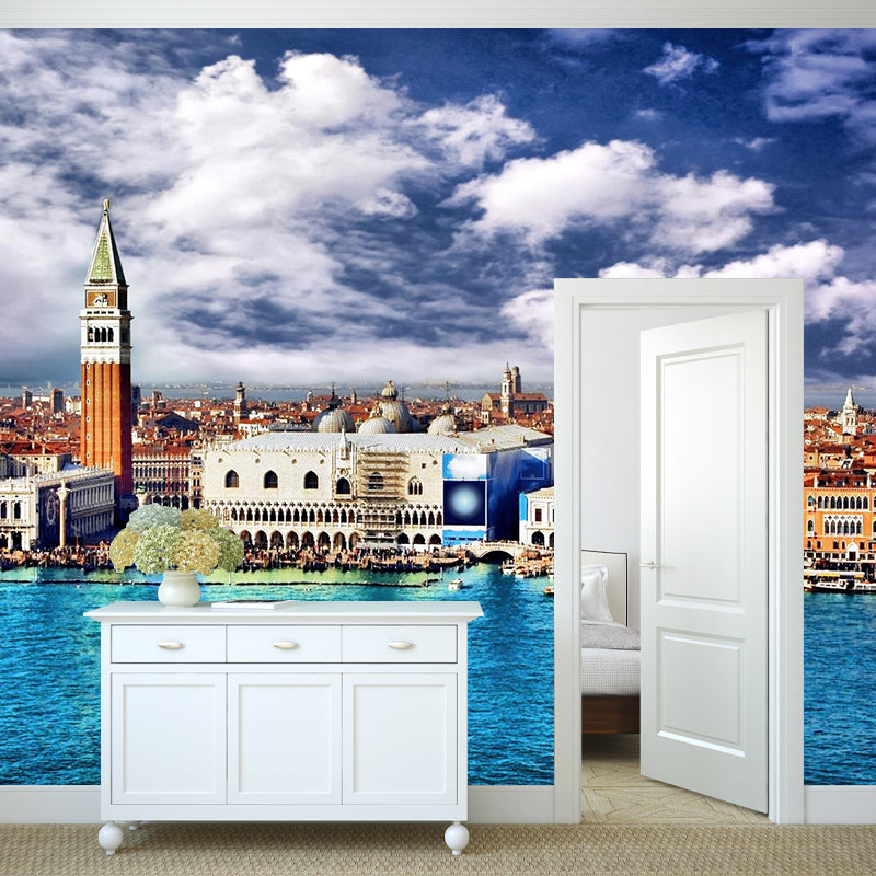Mediterranean Water City Wall Mural Soft Color Stain-Proof Wall Art for Family Room Clearhalo 'Wall Decor' 'Wall Mural' 2009074