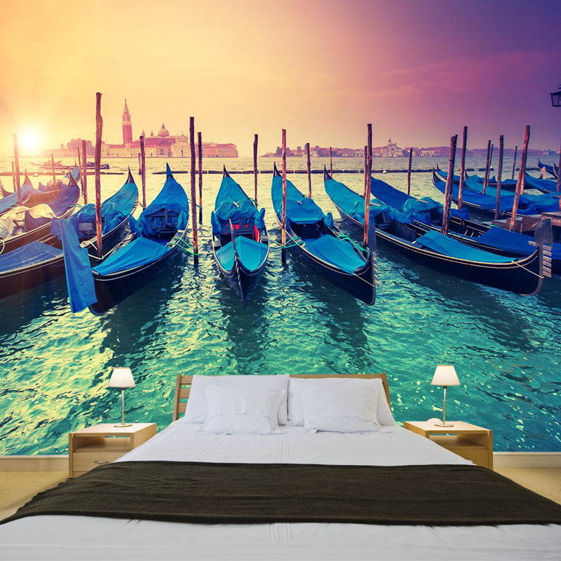 Grand Canal with Boats Mural Decal Pastel Modern Style Wall Decor for Living Room Dark Blue Clearhalo 'Wall Decor' 'Wall Mural' 2009103