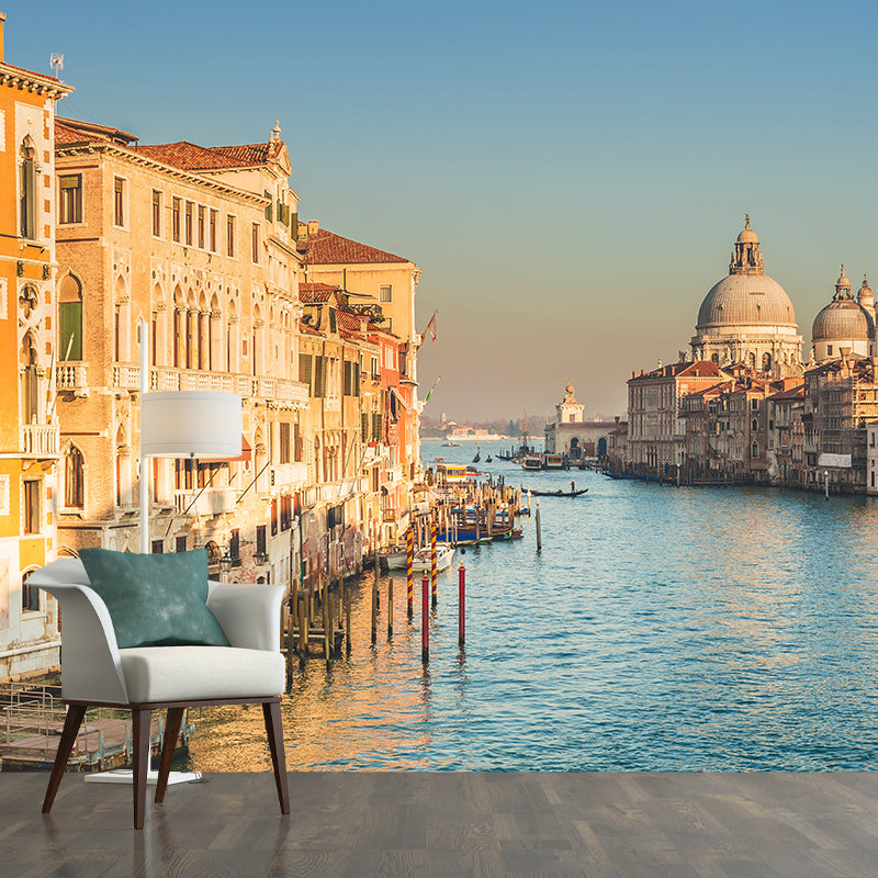 Grand Canal with Boats Mural Decal Pastel Modern Style Wall Decor for Living Room Light Brown Clearhalo 'Wall Decor' 'Wall Mural' 2009108