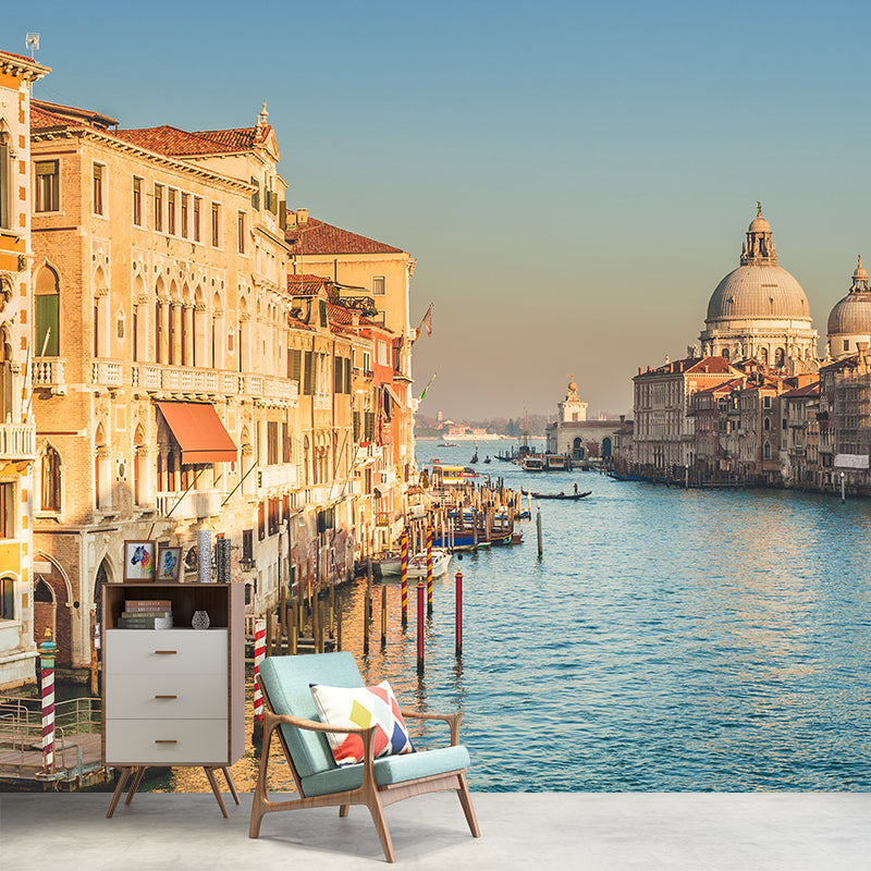 Grand Canal with Boats Mural Decal Pastel Modern Style Wall Decor for Living Room Clearhalo 'Wall Decor' 'Wall Mural' 2009109
