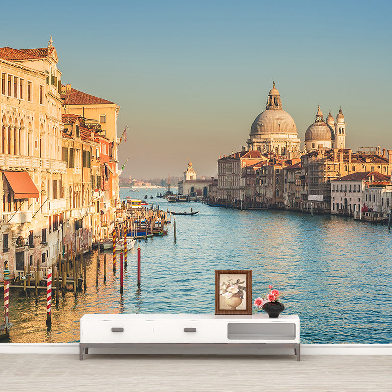 Grand Canal with Boats Mural Decal Pastel Modern Style Wall Decor for Living Room Clearhalo 'Wall Decor' 'Wall Mural' 2009110