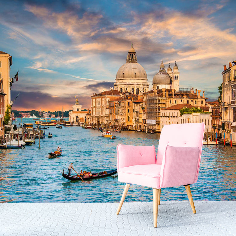 Grand Canal with Boats Mural Decal Pastel Modern Style Wall Decor for Living Room Clearhalo 'Wall Decor' 'Wall Mural' 2009114