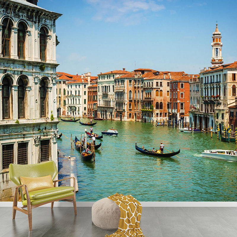 Grand Canal with Boats Mural Decal Pastel Modern Style Wall Decor for Living Room Grey Clearhalo 'Wall Decor' 'Wall Mural' 2009118