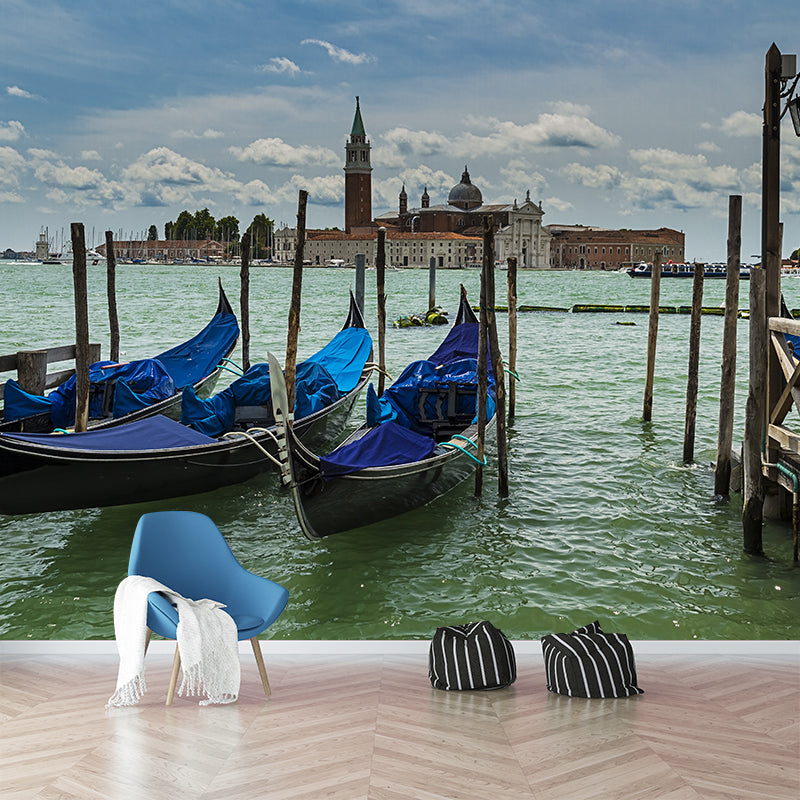 Grand Canal with Boats Mural Decal Pastel Modern Style Wall Decor for Living Room Light Blue Clearhalo 'Wall Decor' 'Wall Mural' 2009123