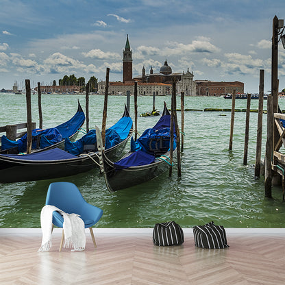 Grand Canal with Boats Mural Decal Pastel Modern Style Wall Decor for Living Room Light Blue Clearhalo 'Wall Decor' 'Wall Mural' 2009123