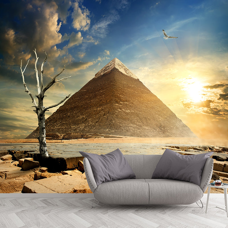 Contemporary Scenery Mural Wallpaper Natural Color Sun over the Pyramid Wall Covering Brown Clearhalo 'Wall Decor' 'Wall Mural' 2009158