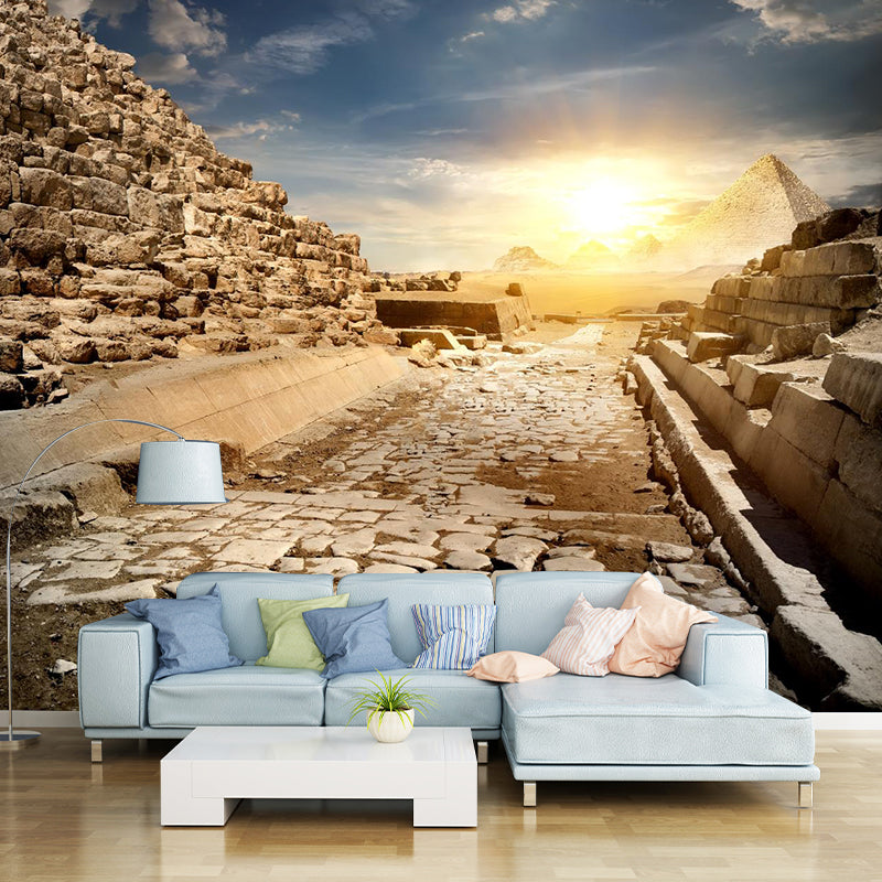 Contemporary Scenery Mural Wallpaper Natural Color Sun over the Pyramid Wall Covering Dark Brown Clearhalo 'Wall Decor' 'Wall Mural' 2009168