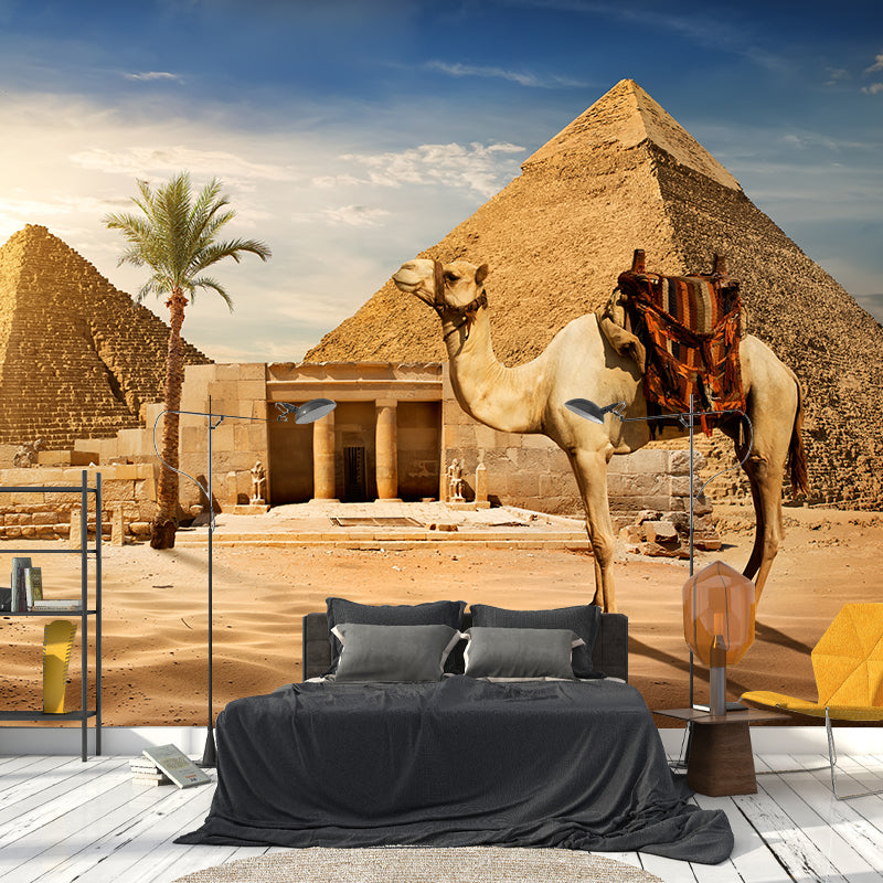 Egypt Giza Pyramid Group Mural Contemporary Stain-Proof Hallway Wall Decor, Custom-Made Dark Brown Clearhalo 'Wall Decor' 'Wall Mural' 2009273