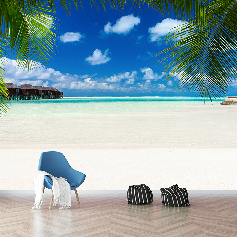 Beach with Palm Tree Mural Bright Tropical Wall Covering for Accent Wall, Custom Size Clearhalo 'Wall Decor' 'Wall Mural' 2009320