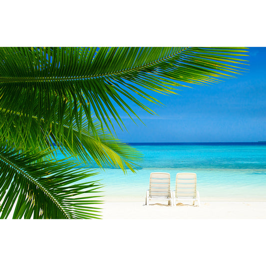 Beach with Palm Tree Mural Bright Tropical Wall Covering for Accent Wall, Custom Size