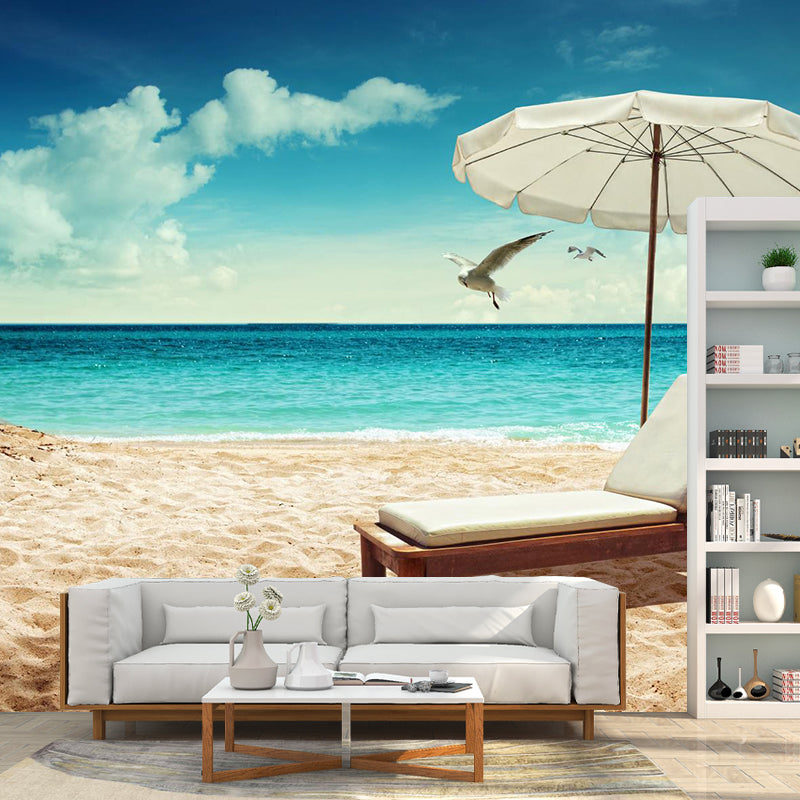 Large Beach Bench Wallpaper Mural Tropix Beautiful Seascape Wall Decor in Natural Color Light Blue Clearhalo 'Wall Decor' 'Wall Mural' 2009353