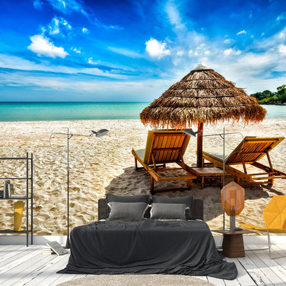 Large Beach Bench Wallpaper Mural Tropix Beautiful Seascape Wall Decor in Natural Color Light Brown Clearhalo 'Wall Decor' 'Wall Mural' 2009358