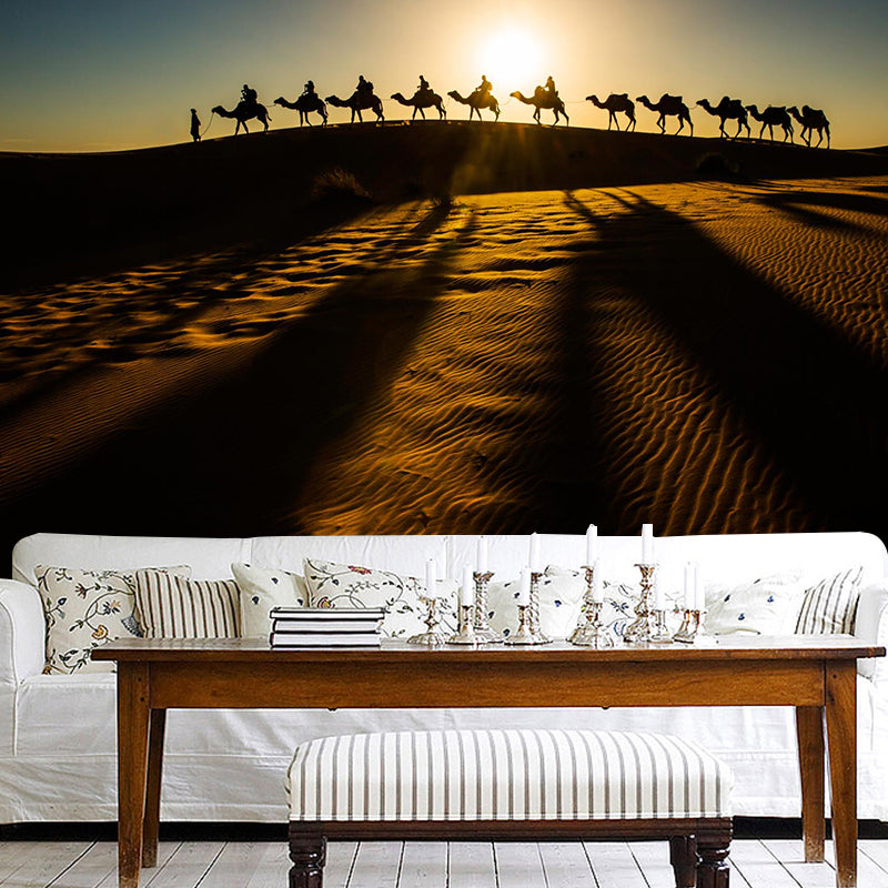 Dark Color Modern Mural Whole Desert Landscape with Camel at Sunset Wall Decor for Home Brown Clearhalo 'Wall Decor' 'Wall Mural' 2009448