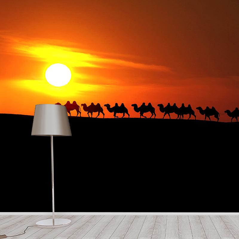 Dark Color Modern Mural Whole Desert Landscape with Camel at Sunset Wall Decor for Home Clearhalo 'Wall Decor' 'Wall Mural' 2009454