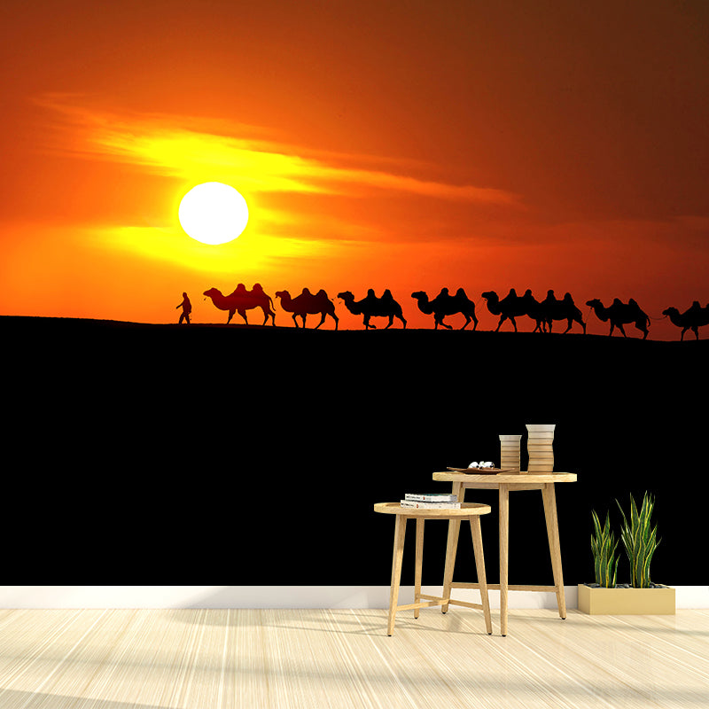 Dark Color Modern Mural Whole Desert Landscape with Camel at Sunset Wall Decor for Home Clearhalo 'Wall Decor' 'Wall Mural' 2009455