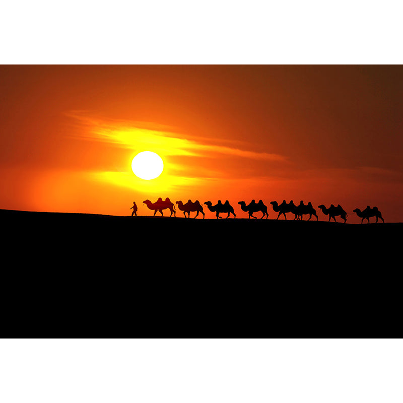 Dark Color Modern Mural Whole Desert Landscape with Camel at Sunset Wall Decor for Home Clearhalo 'Wall Decor' 'Wall Mural' 2009456